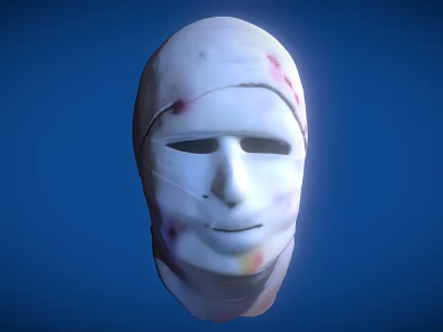 Game Movie Character With White Bandaged Mask And Bloodstains Against Blue Background 3d model