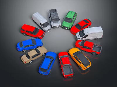 Colorful Toy Cars of Various Colors Arranged in a Circle on Dark Background 3d model