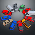 Colorful Toy Cars of Various Colors Arranged in a Circle on Dark Background