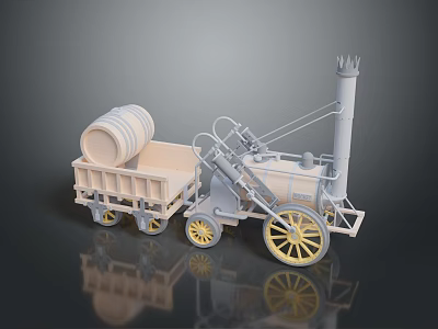 Steam Powered Functional Vehicle With Wooden Cart And Barrel Load Vintage Model 3d model