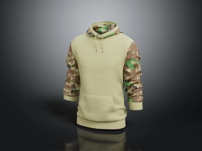 Casual Beige Hooded Sweatshirt With Camouflage Sleeves Front Pocket And Drawstring 3d model