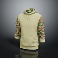 Casual Beige Hooded Sweatshirt With Camouflage Sleeves Front Pocket And Drawstring
