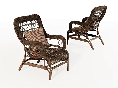 Comfortable Woven Rattan Leisure Chairs With Armrests And Checkered Pattern Cushions 3d model