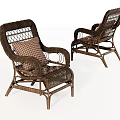 Comfortable Woven Rattan Leisure Chairs With Armrests And Checkered Pattern Cushions