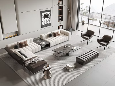 Modern Living Room Sofa and Coffee Table Set With Beige Dark Accents and Natural Light 3d model