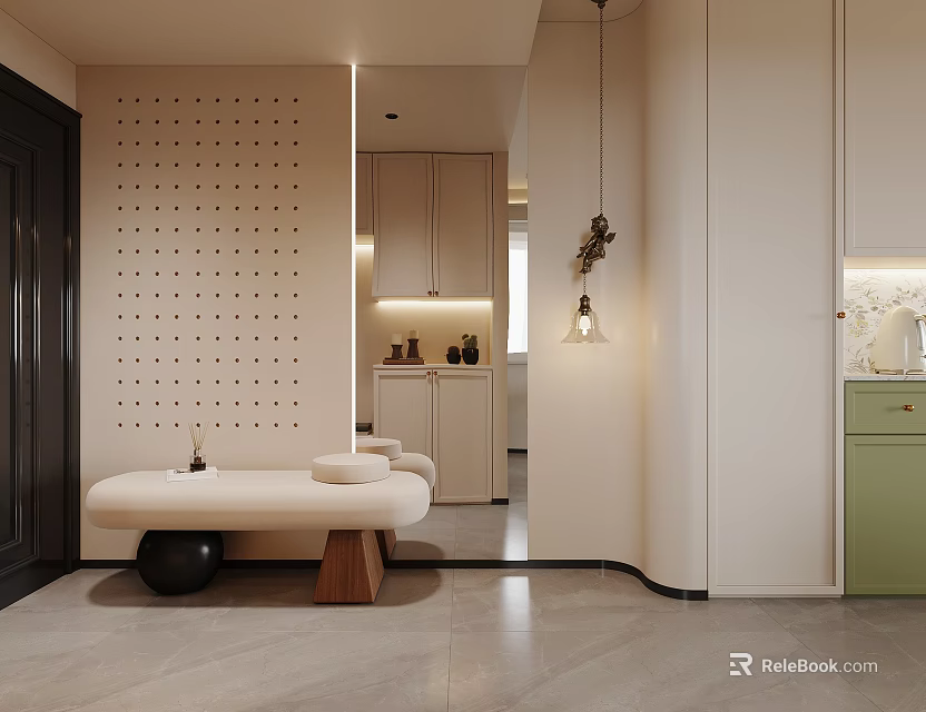 Modern Beige Living Room Interior With Perforated Wall Panel Bench And Green Cabinet 3d model 
