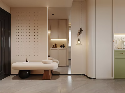 Modern Beige Living Room Interior With Perforated Wall Panel Bench And Green Cabinet 3d model