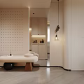 Modern Beige Living Room Interior With Perforated Wall Panel Bench And Green Cabinet