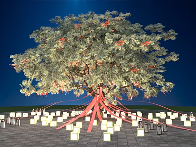 Large Tree With Red Trunk Green Foliage Red Fruits White Cubes Lights Under Blue Sky 3d model