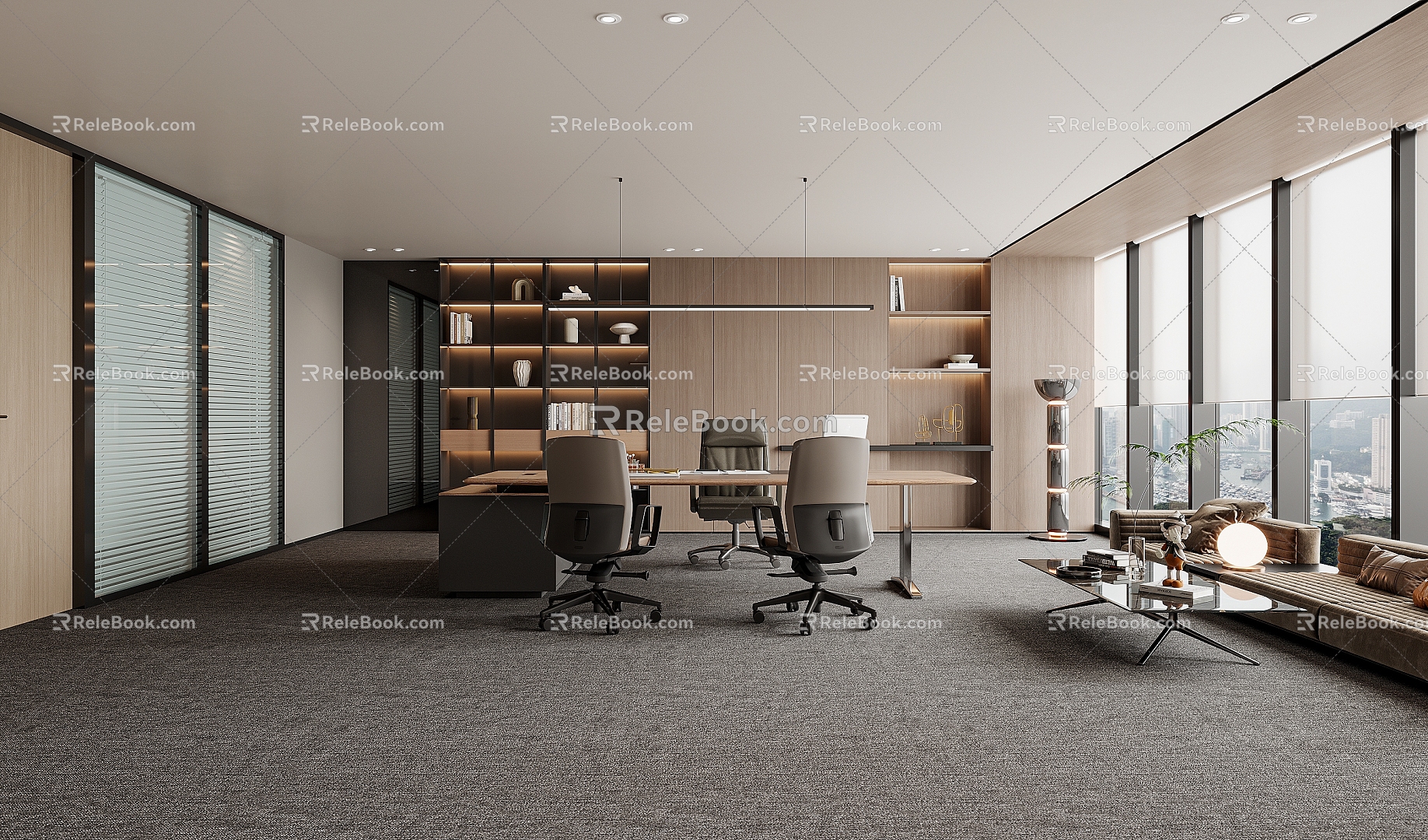 Manager's Office Bookcase Office Desk and Chair 3d model