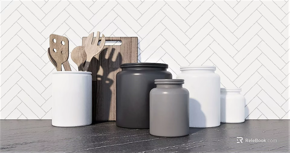 Wooden Kitchen Utensils And Storage Jars On Dark Countertop With Herringbone Tile Wall 3d model 