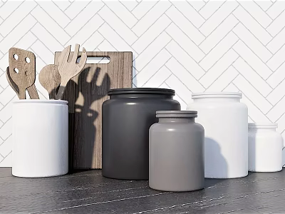 Wooden Kitchen Utensils And Storage Jars On Dark Countertop With Herringbone Tile Wall 3d model