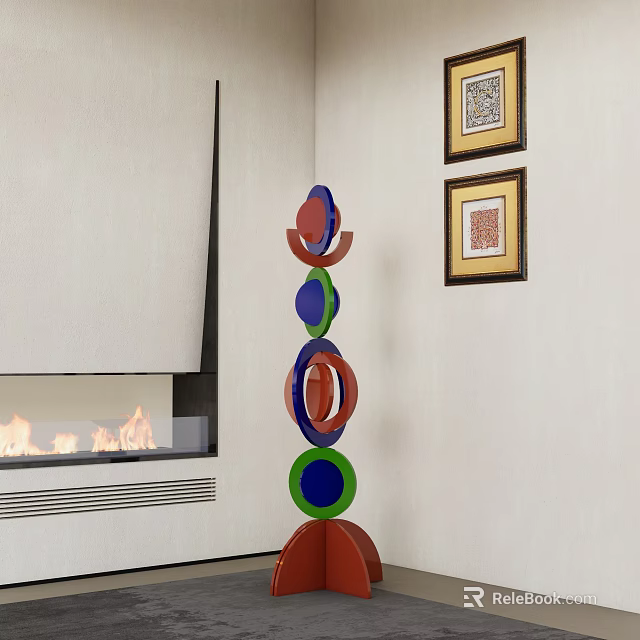 Modern Colorful Circular Stacked Sculpture in Living Room with Fireplace and Wall Art 3d model 