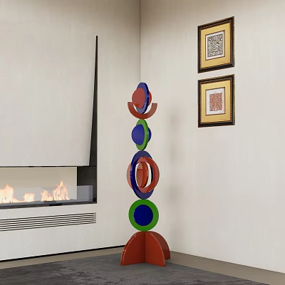 Modern Colorful Circular Stacked Sculpture in Living Room with Fireplace and Wall Art 3d model