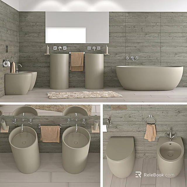 Beige Freestanding Bathtub In Modern Bathroom With Cylindrical Sinks Mirror Towels And Rug 3d model 
