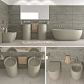 Beige Freestanding Bathtub In Modern Bathroom With Cylindrical Sinks Mirror Towels And Rug