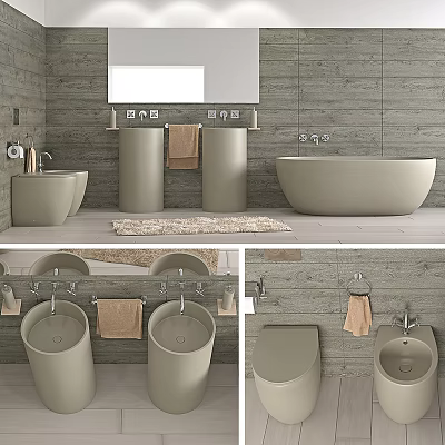 Beige Freestanding Bathtub In Modern Bathroom With Cylindrical Sinks Mirror Towels And Rug 3d model
