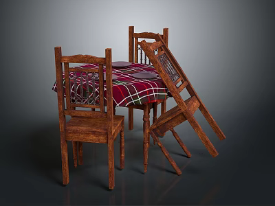 Wooden Dining Table With Plaid Tablecloth And Four Chairs Home Furniture 3d model