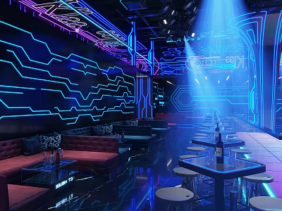 Neon Illuminated Modern Bar Interior With Blue Lines Sofas Tables And Wine Bottles 3d model