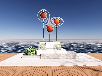 Sculpture Featuring Three Red Spheres on Metal Stands with Marble Base Wooden Platform Seaside View 3d model