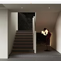 Modern Interior Staircase With Dark Steps White Railing And Red Sculpture 3d model
