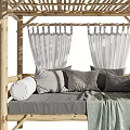 Cozy Outdoor Sofa With Wooden Pergola White Curtains Gray Cushions And Green Throw Blanket