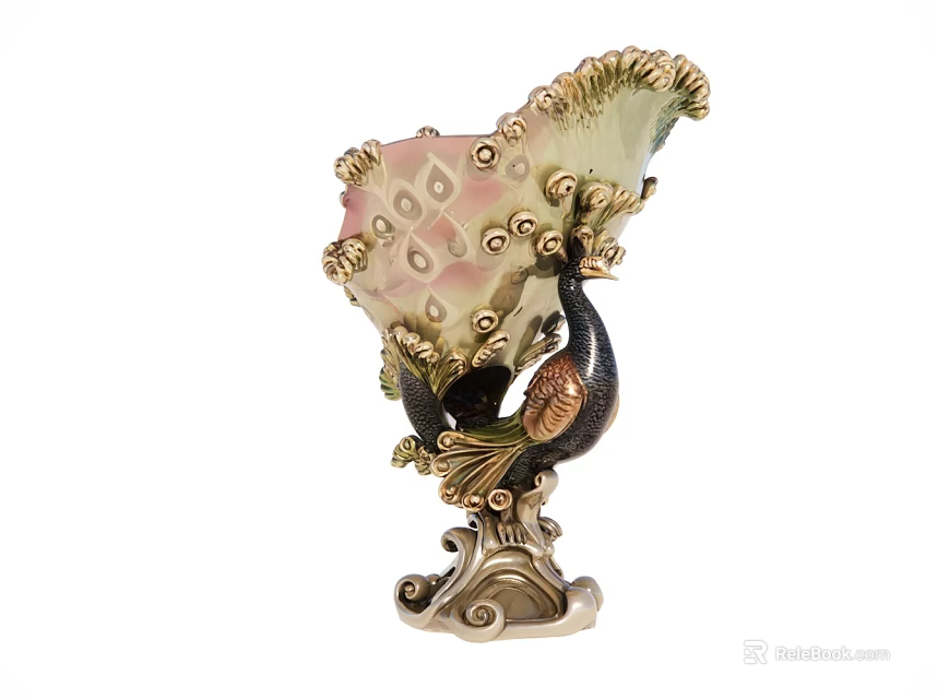 Decorative Peacock Shaped Ornament With Pink Glass Feathers And Gold Accents On Intricate Curved Base 3d model 