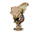 Decorative Peacock Shaped Ornament With Pink Glass Feathers And Gold Accents On Intricate Curved Base
