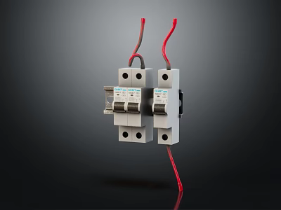 Electrical Switch Panel With Two Circuit Breakers And Red Wires On Dark Background 3d model