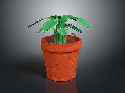 Fresh Green Leafy Plant Growing in Red Terracotta Pot with Healthy Leaves 3d model