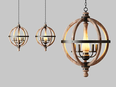 Vintage Industrial Chandeliers With Wooden Frames Metal Bars And Illuminated Globe Design 3d model