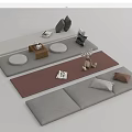 Cozy Living Room Interior With Gray Cushions Striped Carpet Wooden Table And Decorative Ornaments