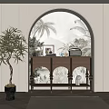 Elegant Wooden Entryway Console Table With Arched Backdrop Palm Decor And Drawer Design