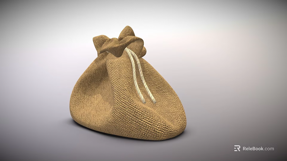 Brown Burlap Drawstring Pouch With Simple Design For Daily Life Use 3d model 