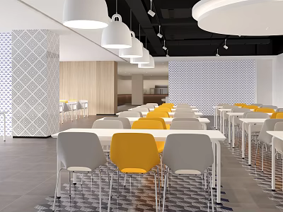 Modern Dining Area With Yellow Gray Chairs White Tables And Geometric Wall Decor 3d model