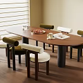 Wooden Oval Dining Table and Chairs Set With Green Backrest and Light Seat Cushions