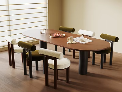 Wooden Oval Dining Table and Chairs Set With Green Backrest and Light Seat Cushions 3d model