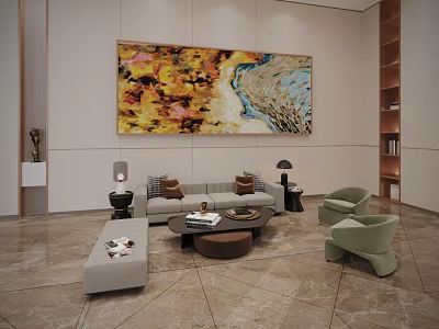 Modern Living Room Interior with Casual Sofa Set Coffee Table Armchairs and Decorative Painting 3d model