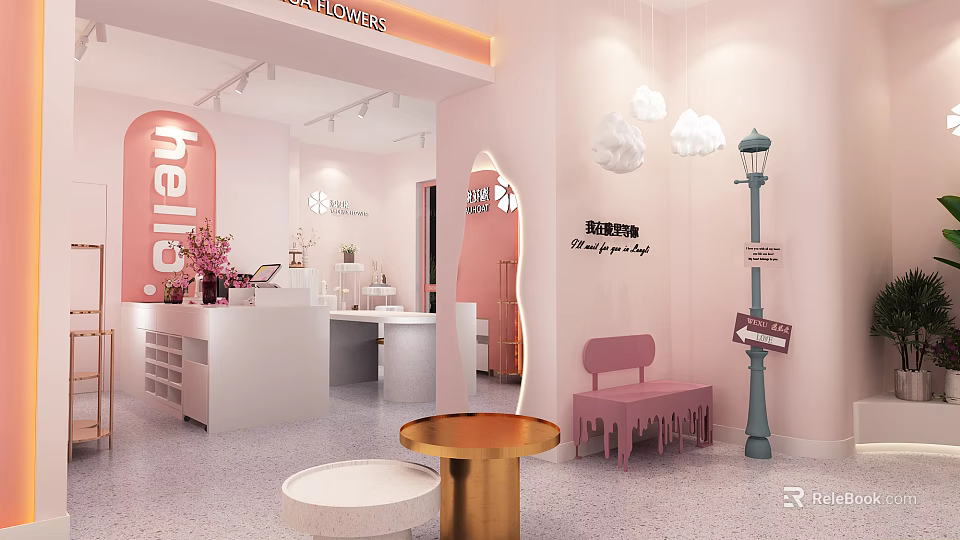 Pink Themed Store Interior With Cloud Pendant Lights Pink Chairs And Display Counters 3d model