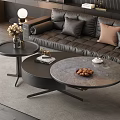 Modern Marble Coffee Table In Living Room With Black Leather Sofa Brown Pillows And Gray Rug