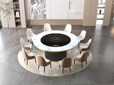 Modern Round Dining Table Set With Marble Top And Eight Beige Chairs On Rug 3d model
