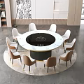 Modern Round Dining Table Set With Marble Top And Eight Beige Chairs On Rug