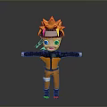 Cartoon Character With Yellow Spiky Hair Headband Orange Outfit And Black Sleeves Arms Outstretched