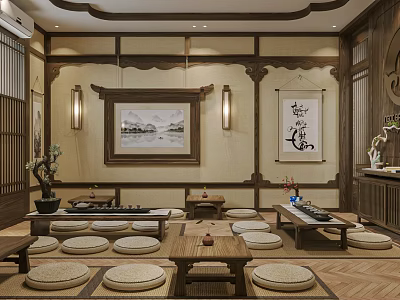 Traditional Style Teahouse Interior With Wooden Decor Tatami Cushions Tea Tables And Wall Paintings 3d model