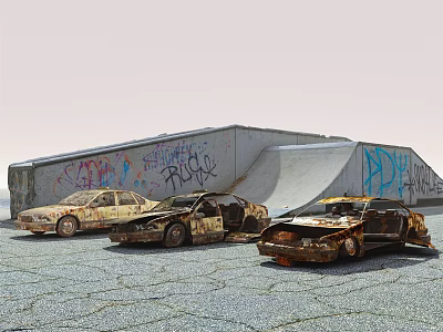 Three Rusty Abandoned Cars Parked In Front Of Graffiti Covered Building On Gravel Ground 3d model