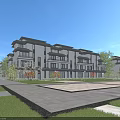 Modern Townhouse Exterior With Courtyard Pink Blossom Trees And People Walking