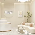 Modern Beauty Hair Salon Interior With White Reception Desk Sofa Mirror And Product Shelves
