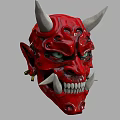 Red Decorative Demon Mask with White Horns Green Eyes and Sharp Teeth