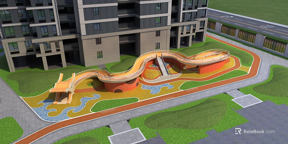 Modern Playground With Curved Slides Colorful Ground Lawns Near Residential Buildings For Kids Outdoor Fun Activities 3d model 