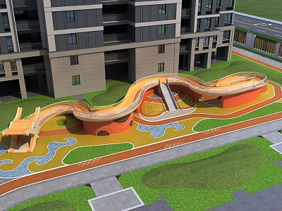 Modern Playground With Curved Slides Colorful Ground Lawns Near Residential Buildings For Kids Outdoor Fun Activities 3d model